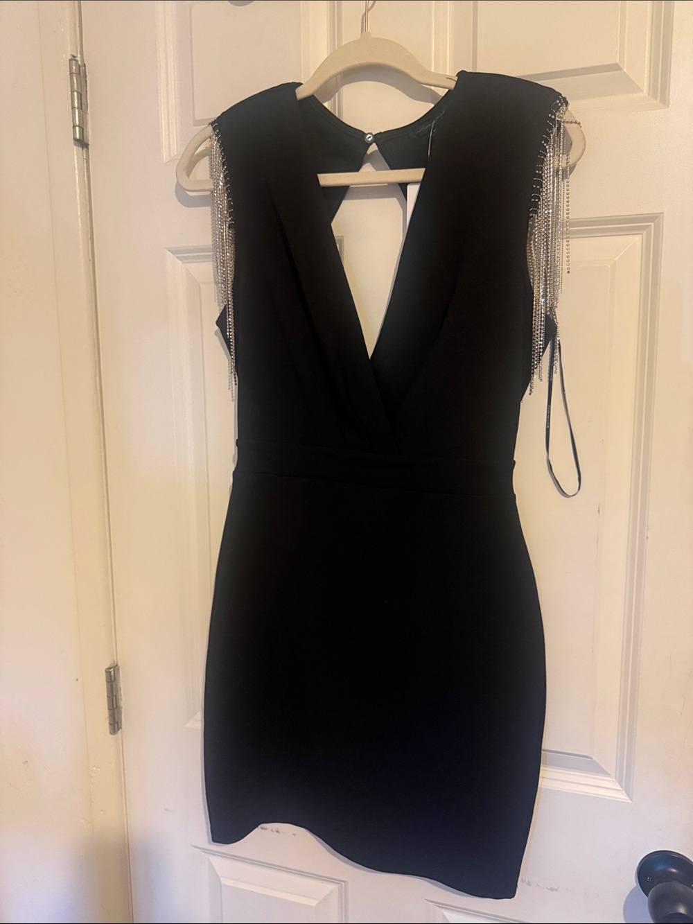 Black V-Neck Chain-Embellished Sleeveless Dress
